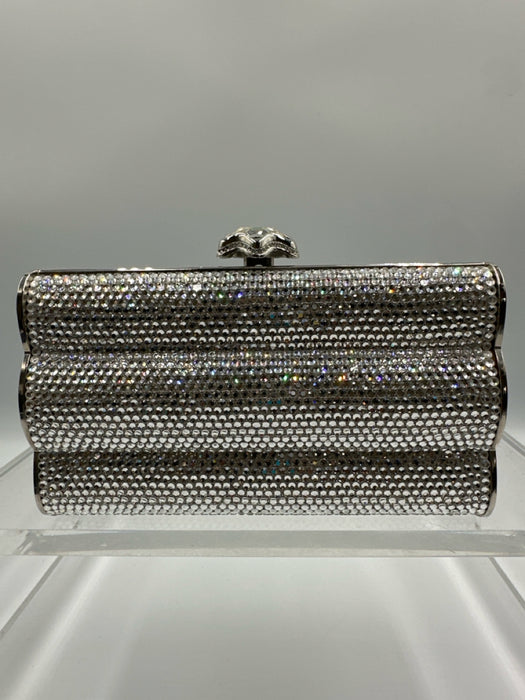 Judith Leiber Silver Rhinestone Push Clasp Bedazzled Clutch Shoulder Bag