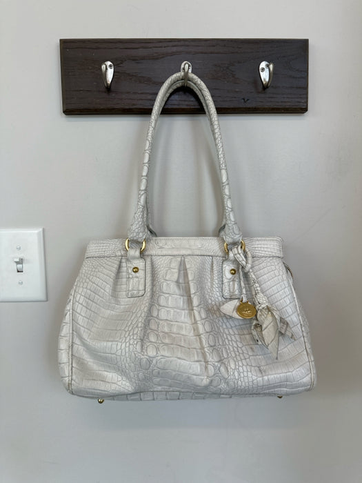 Brahmin White Leather Croc Embossed Top Handles Tassels Bag