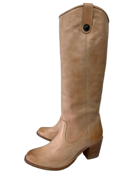 Frye Shoe Size 7 Light Bronze Leather Stacked Almond Toe Knee High Boots