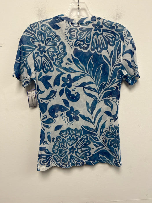 L'agence Size S White & Blue Mesh Floral Round Neck short sleeve Top