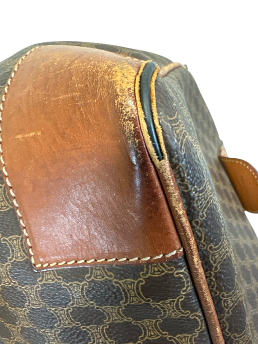 Labels Resale Boutique vintage Celine monogram coated canvas duffle bag with brown leather trim and zip top detail