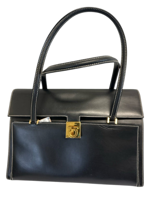 Labels Resale Boutique vintage Salvatore Ferragamo black leather shoulder bag with contrast stitching and gold hardware