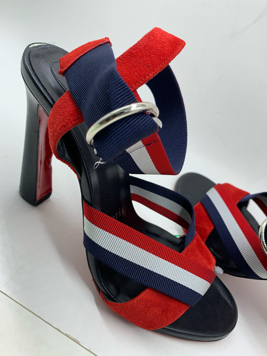 Christian Louboutin Shoe Size 37 Red & Navy Suede Ribbon Open Toe Heels